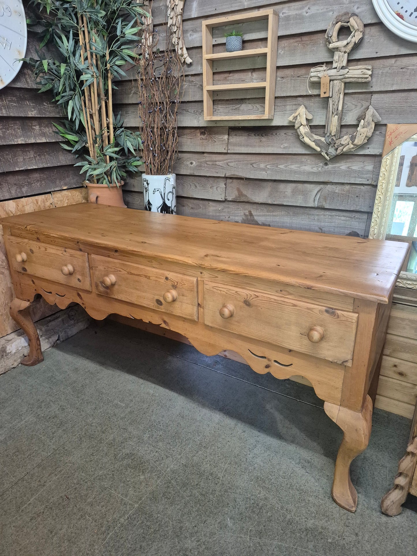 Antique Pine Dresser Base Sideboard with Cabriole Legs