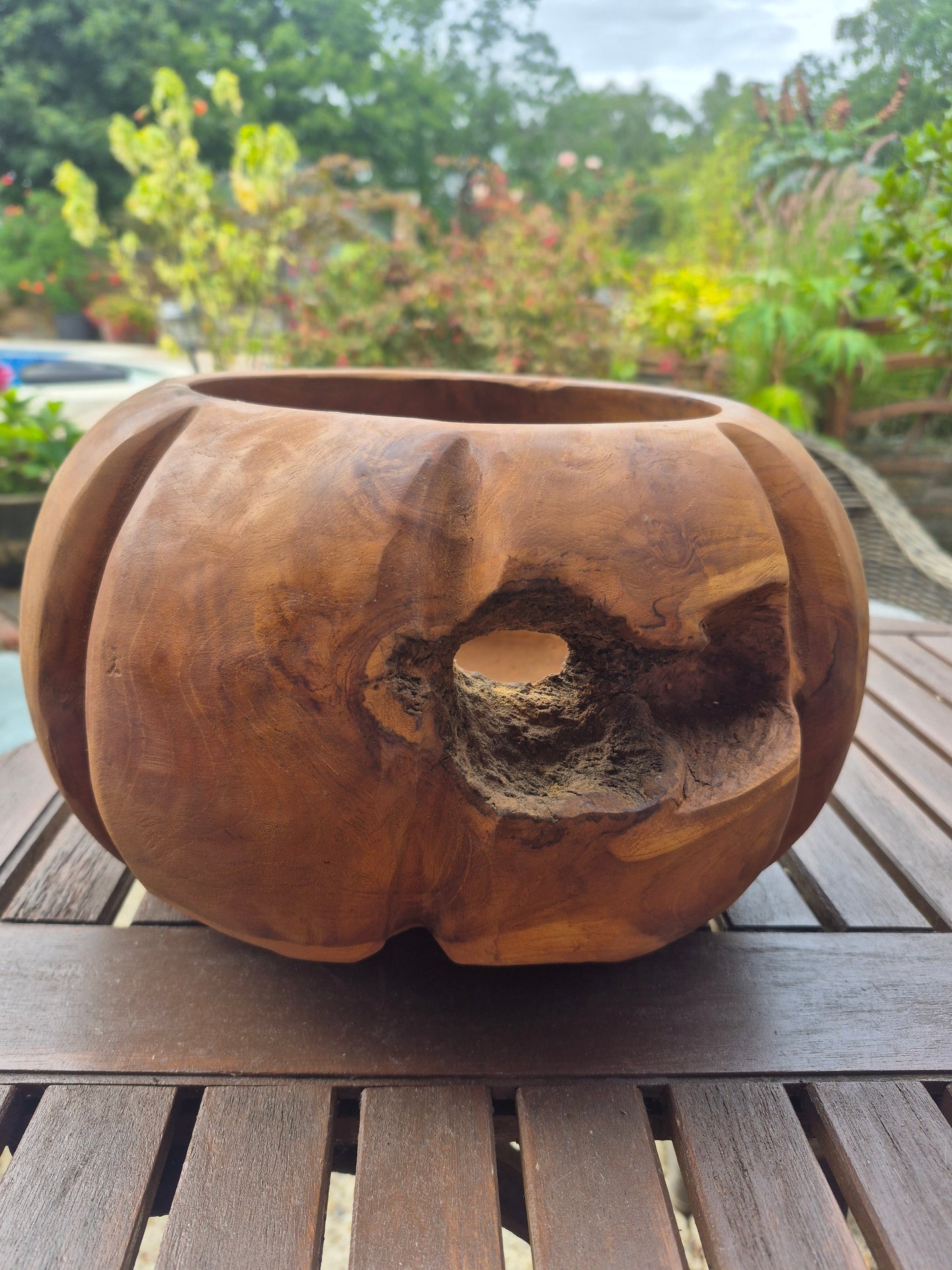 Teak Large deep pumpkin shaped wooden fruit bowl, salad bowl
