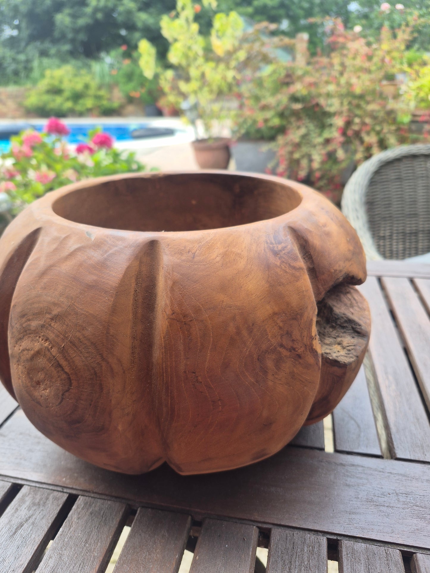 Teak Large deep pumpkin shaped wooden fruit bowl, salad bowl