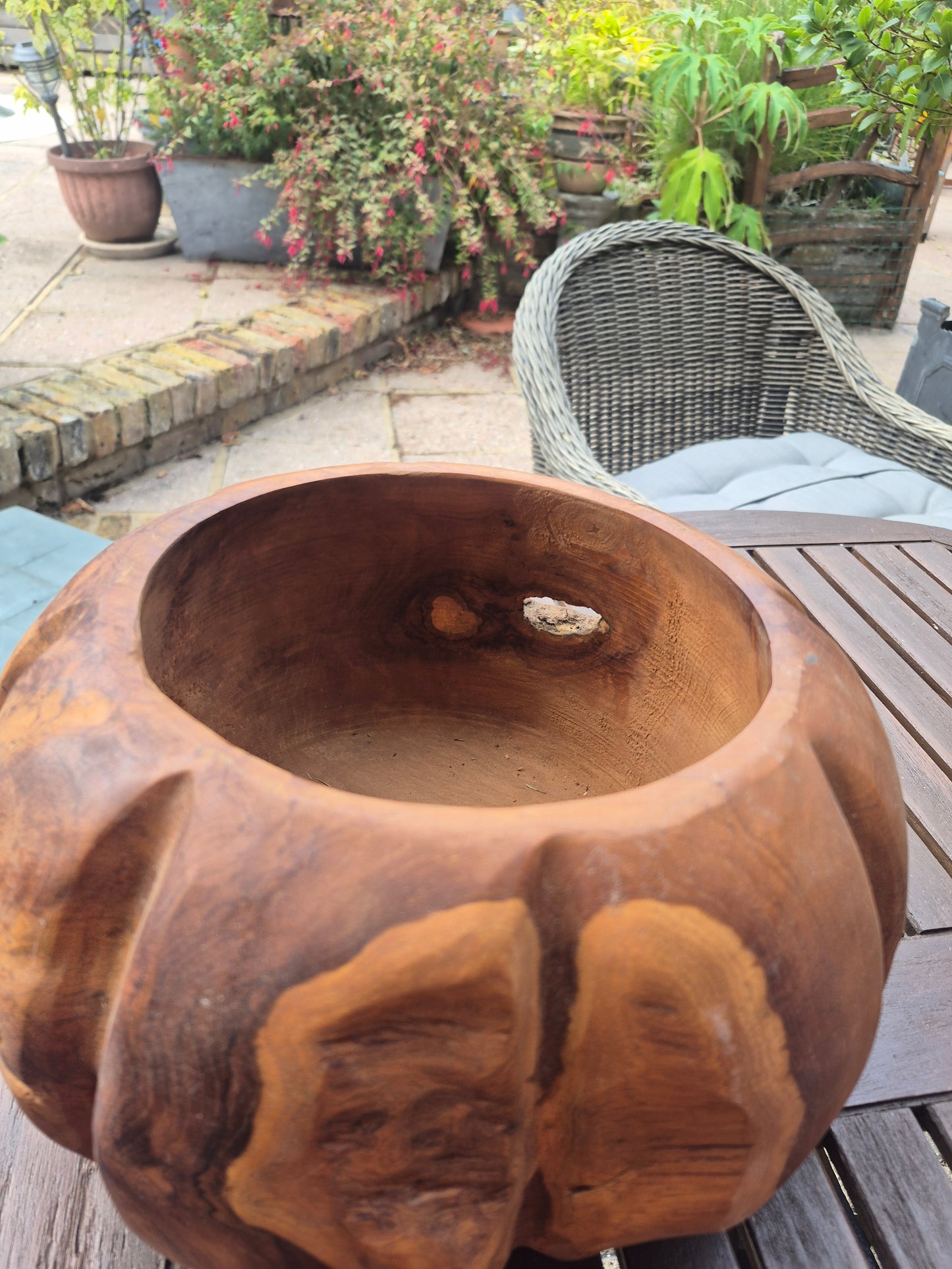 Teak Large deep pumpkin shaped wooden fruit bowl, salad bowl