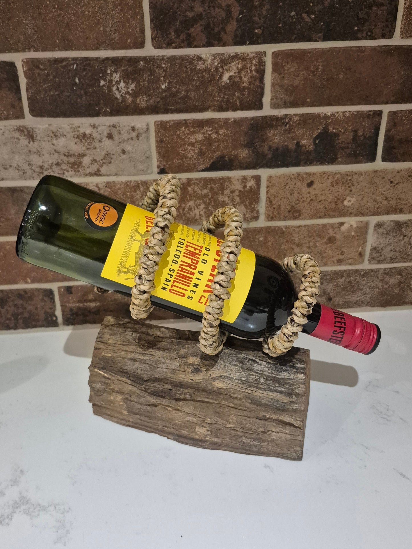 Driftwood & Rope Wine Holder Tilted