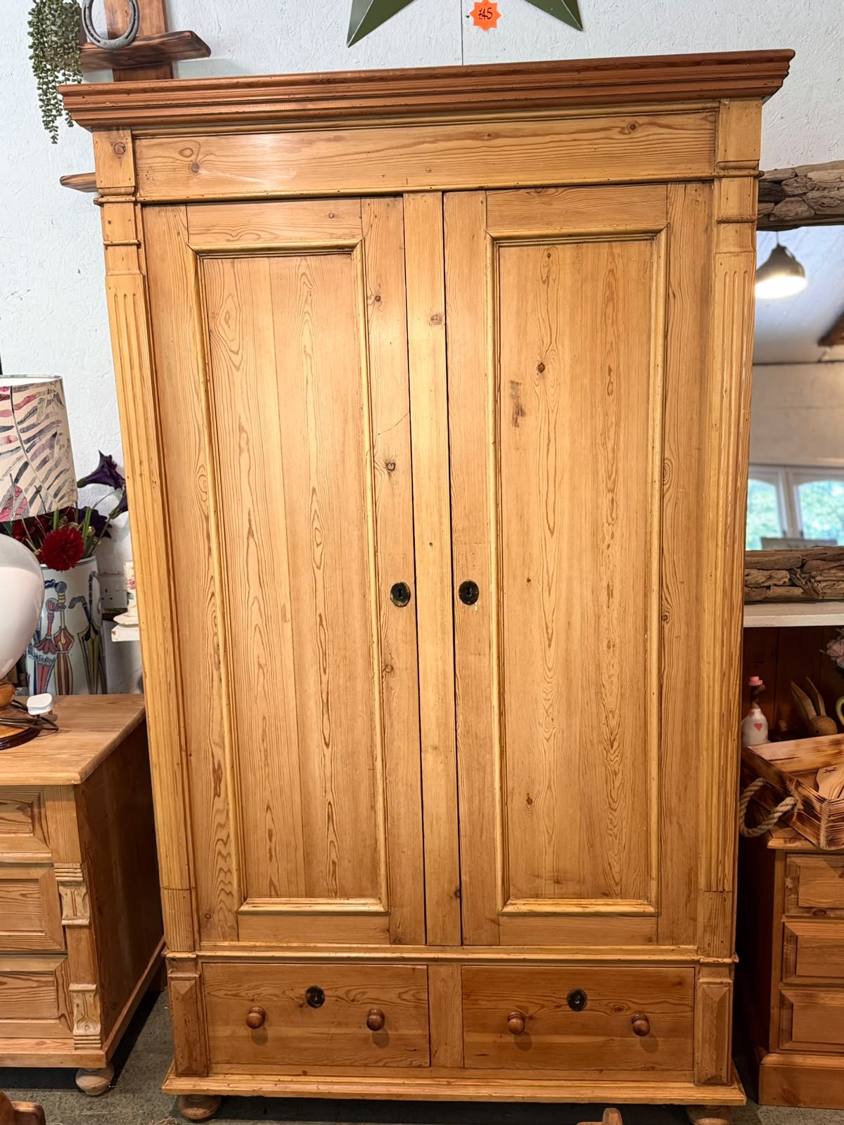 Antique Pine Wardrobe with Hanging Space and Drawers