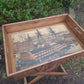 Solid wood butler tray on a fold away stand HMS Victory print