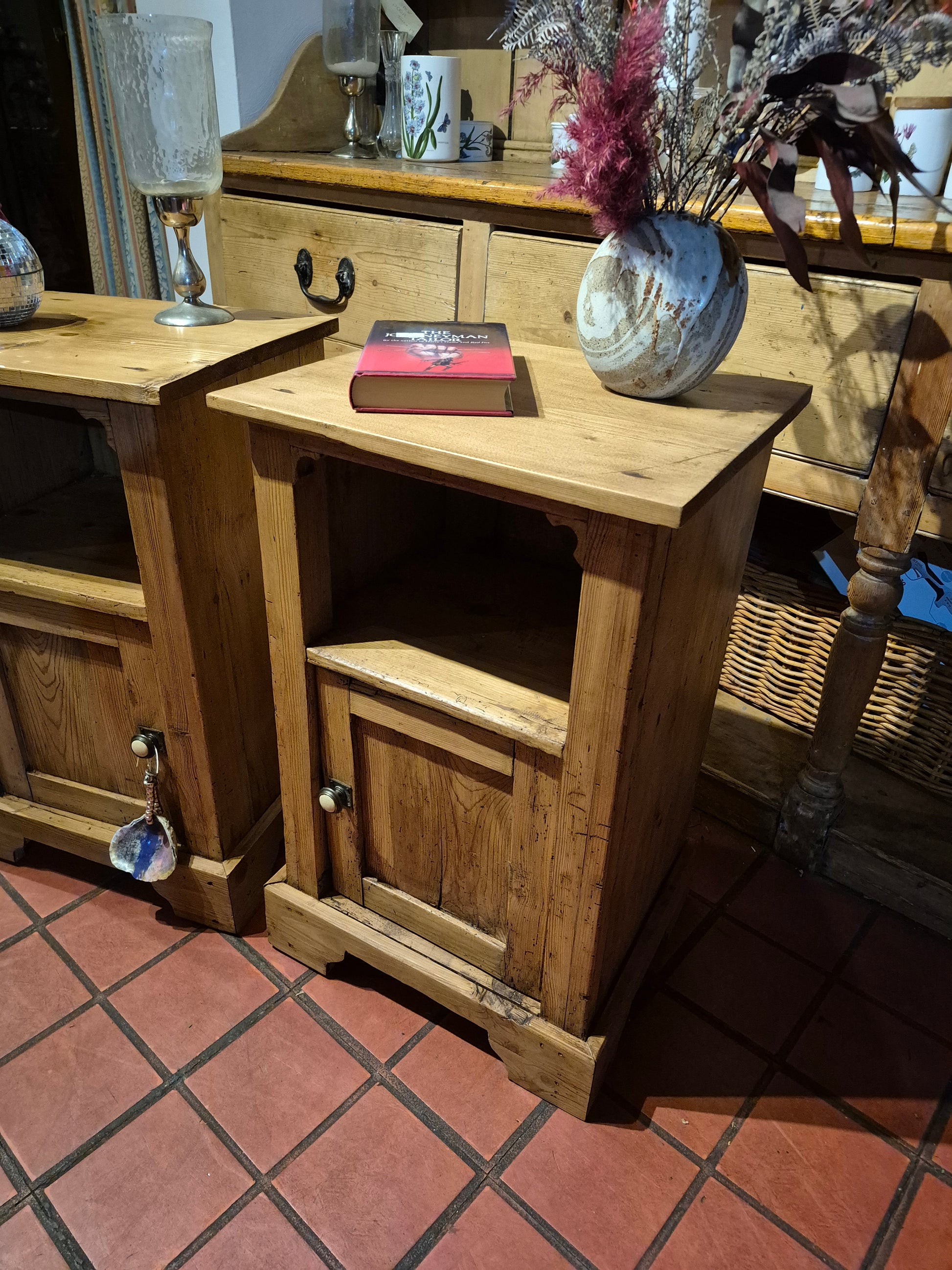 Antique Pine Pair of Bedside Table Cabinets 