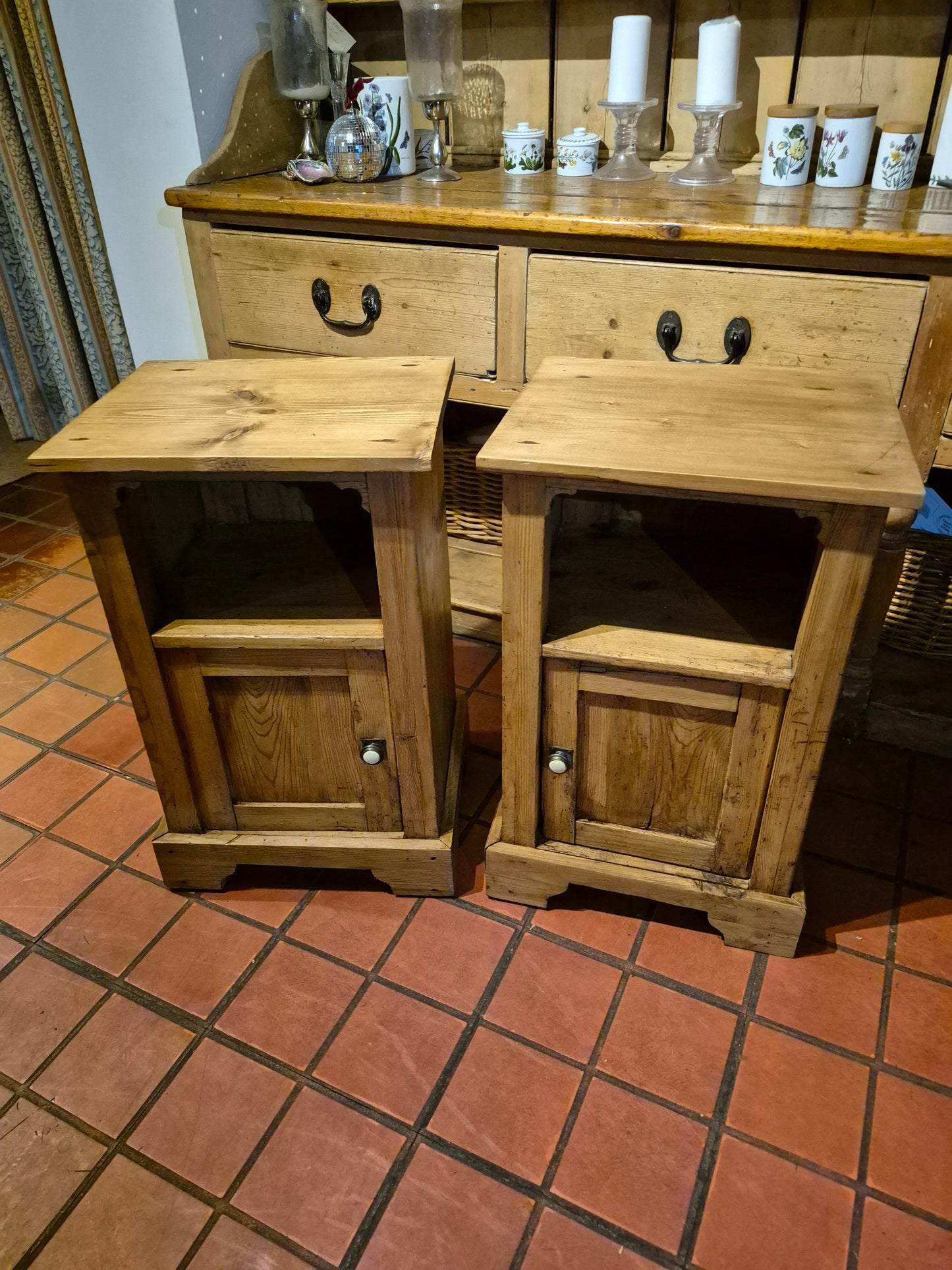 Antique Pine Pair of Bedside Table Cabinets 