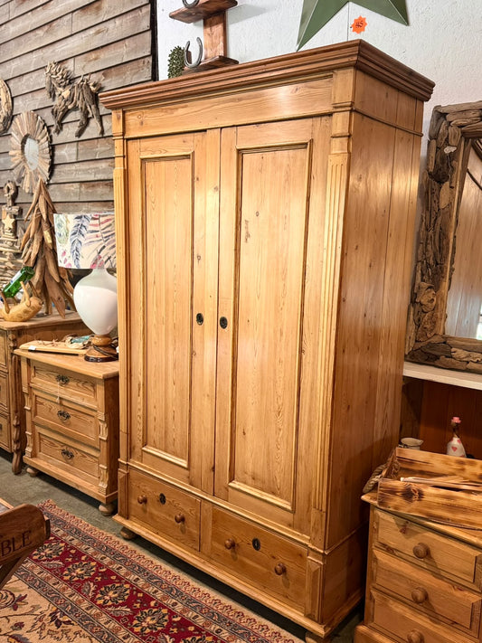 Antique Pine Wardrobe with Hanging Space and Drawers 