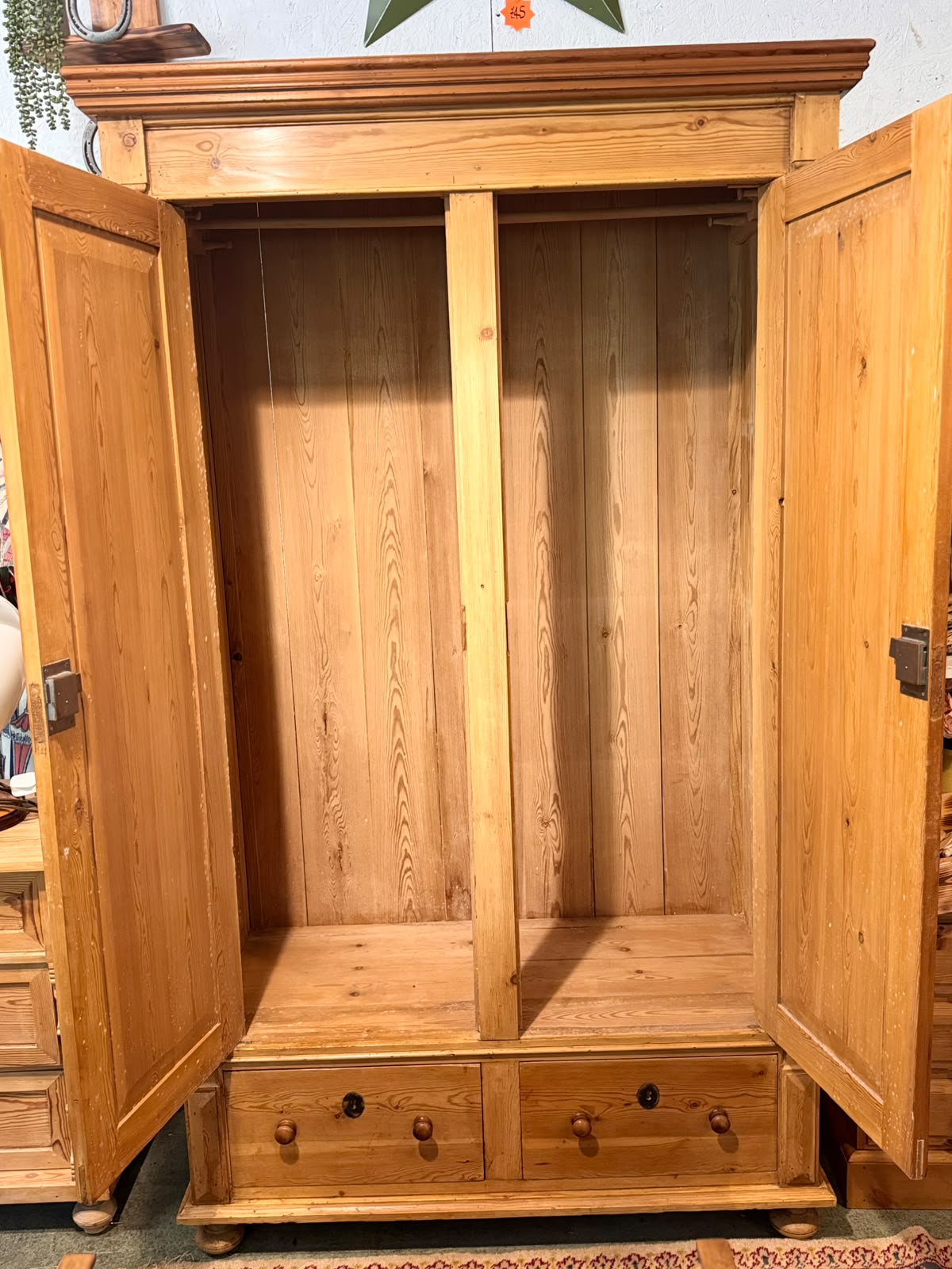 Antique Pine Wardrobe with Hanging Space and Drawers 
